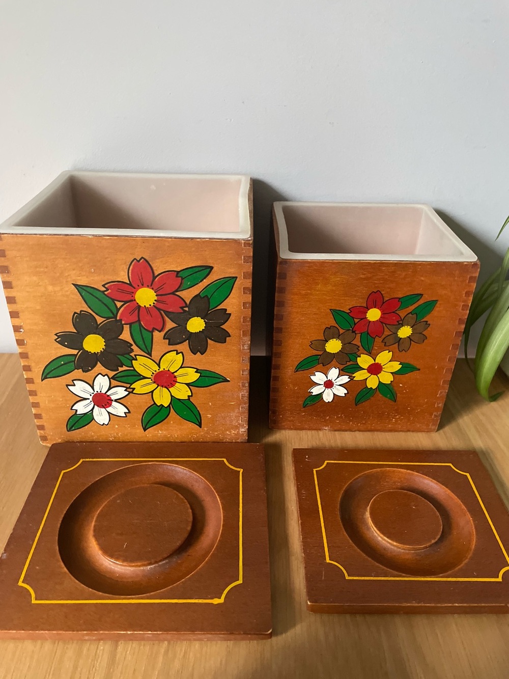 Vintage MCM Floral Wooden Canisters Retro 1970s Set of 2